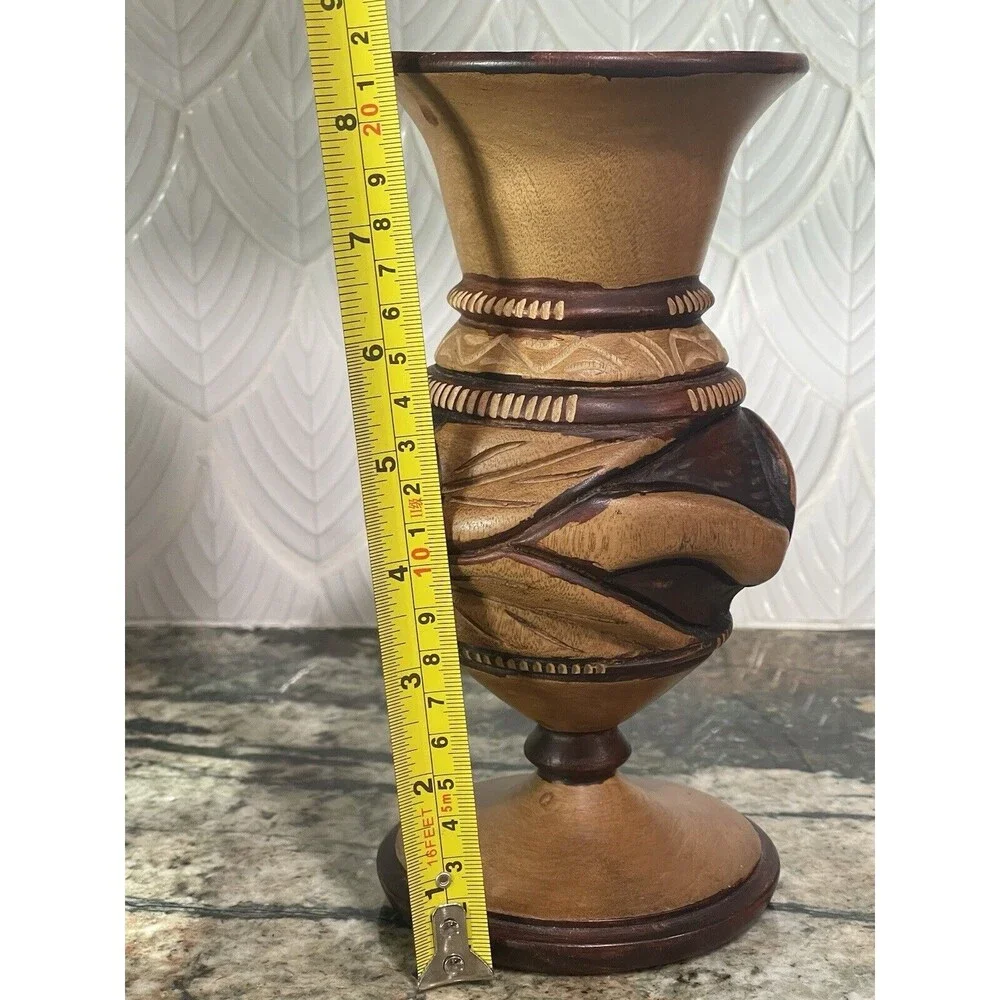 Wood Carved Vase Snake Eating Tail Design